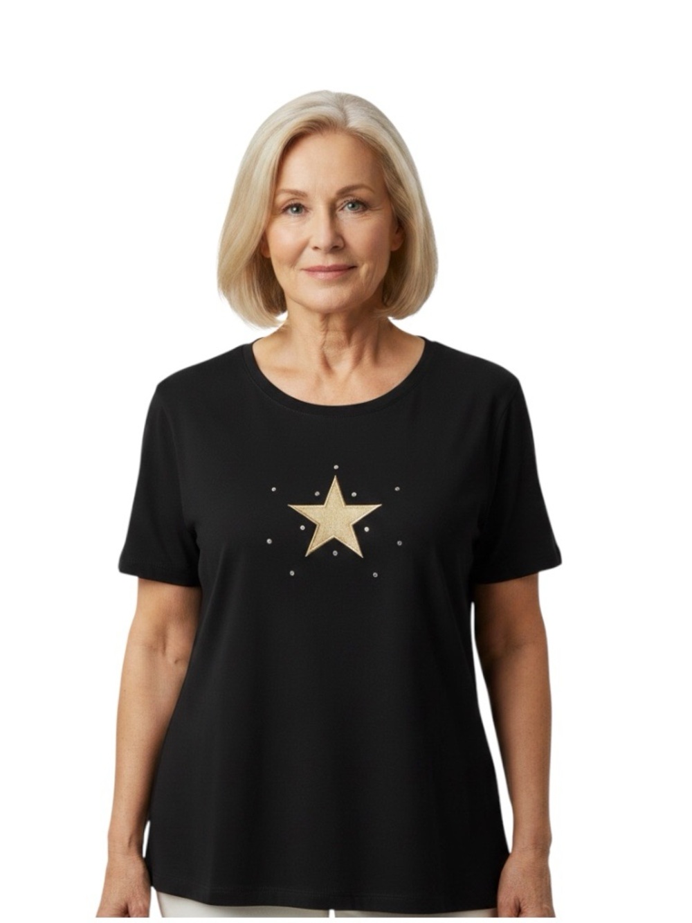 Vintage The Quaker Factory Women’s Tee T-Shirt Top Black Gold Star Size Large